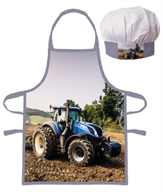 Børneforklæde - Blå traktor - Forklæde og kokkehue - Til den lille køkkenchef 